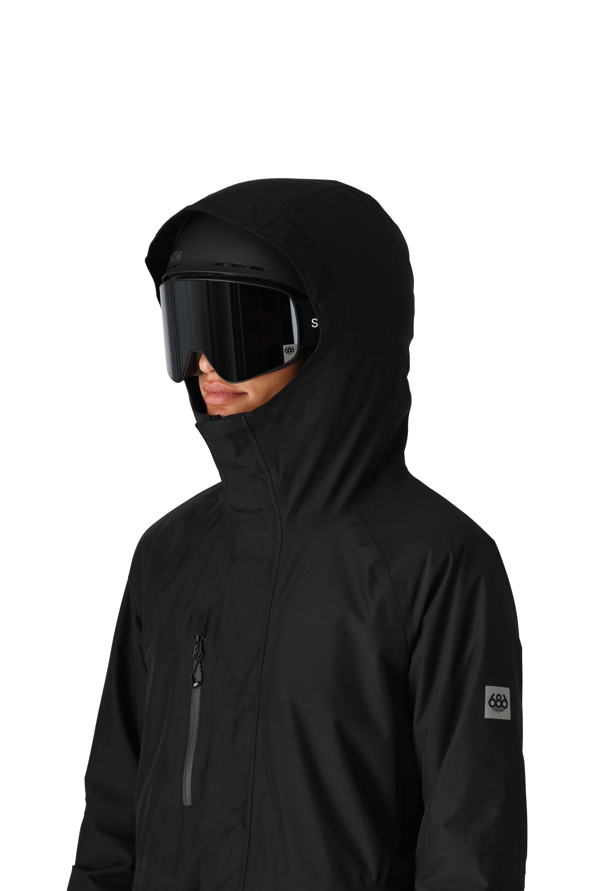 The 686 Women's GORE-TEX Willow Insulated Jacket 2025 is black with a full-length zipper and an insulated hood.