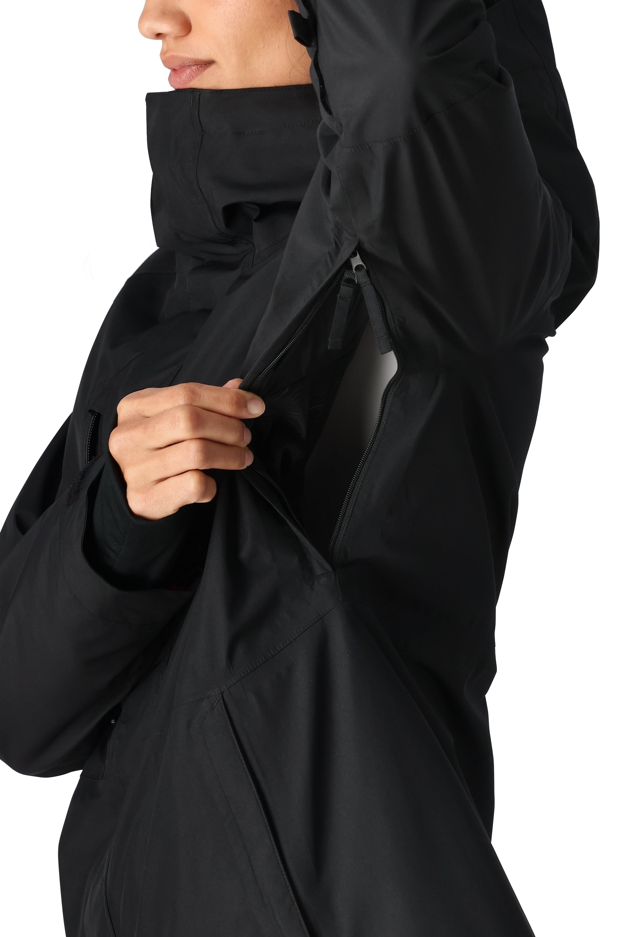 The 686 Womens Gore-Tex Willow Insulated Jacket 2025 has a black front view with a zippered chest pocket and a high collar.