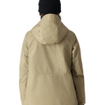 The back view of the 686 Womens Gore-Tex Willow Insulated Jacket 2025 features a black hood and is constructed in khaki-colored fabric.