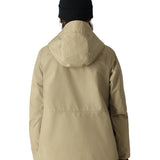 The back view of the 686 Womens Gore-Tex Willow Insulated Jacket 2025 features a black hood and is constructed in khaki-colored fabric.