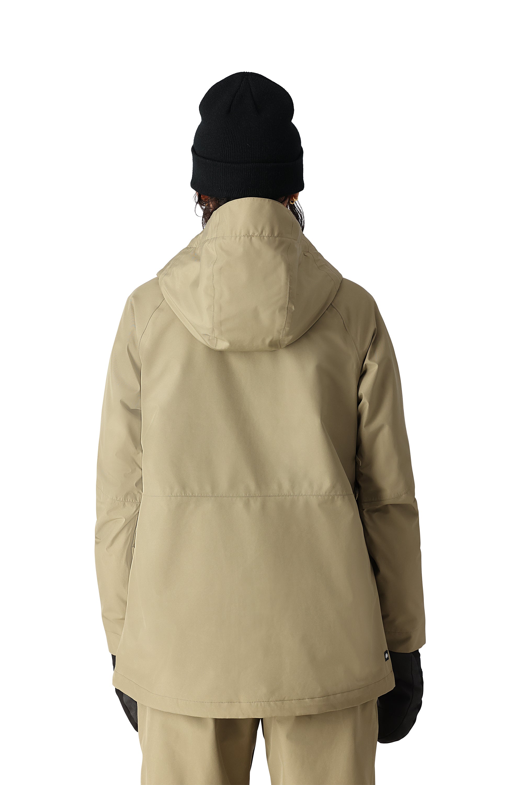 The back view of the 686 Womens Gore-Tex Willow Insulated Jacket 2025 features a black hood and is constructed in khaki-colored fabric.