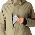 The 686 Women's GORE-TEX Willow Insulated Jacket 2025 is khaki with a high collar and an insulated hood.
