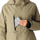 The 686 Women's GORE-TEX Willow Insulated Jacket 2025 is khaki with a high collar and an insulated hood.