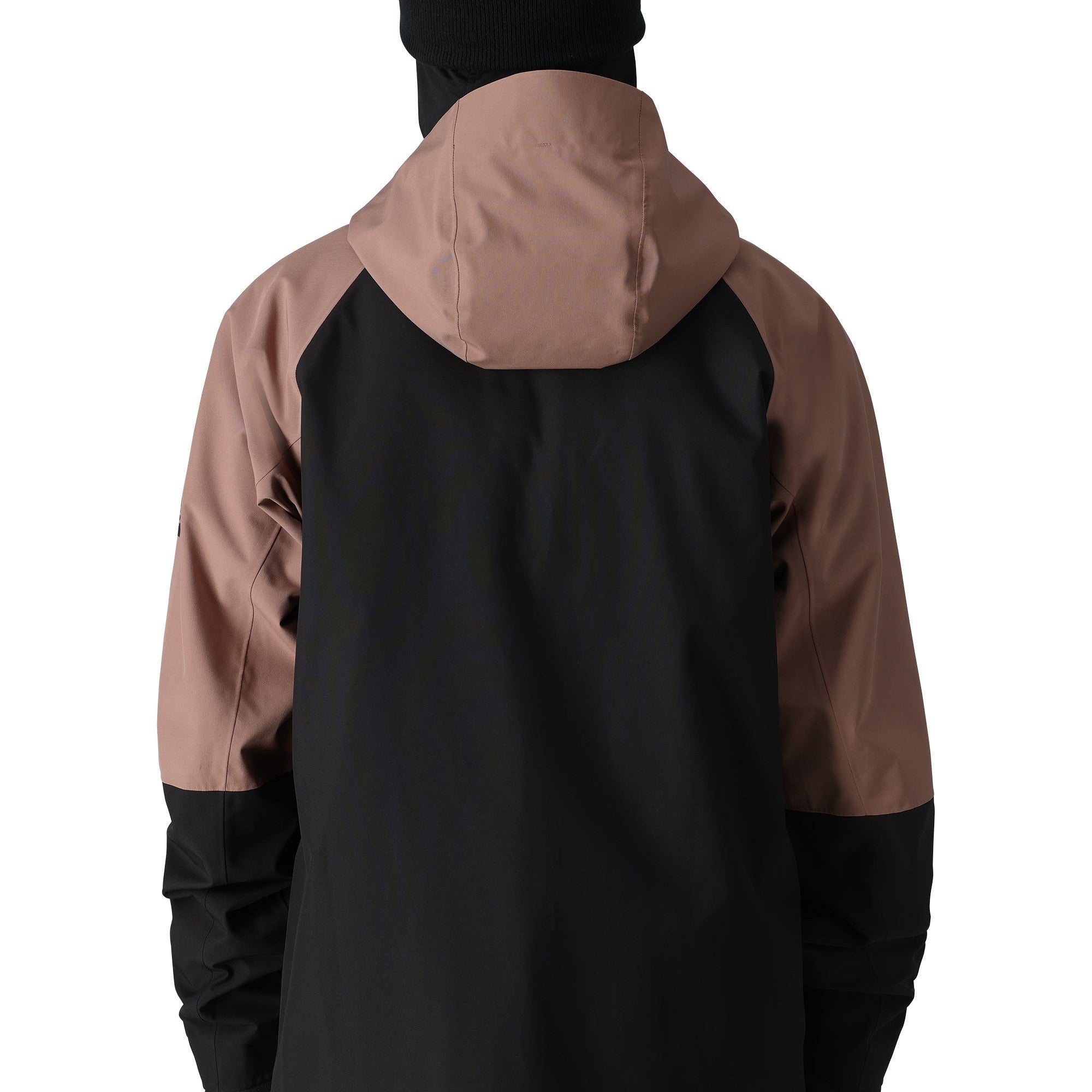 The 686 Hydra Thermagraph jacket in black and brown has an insulated hood with a zippered front closure.