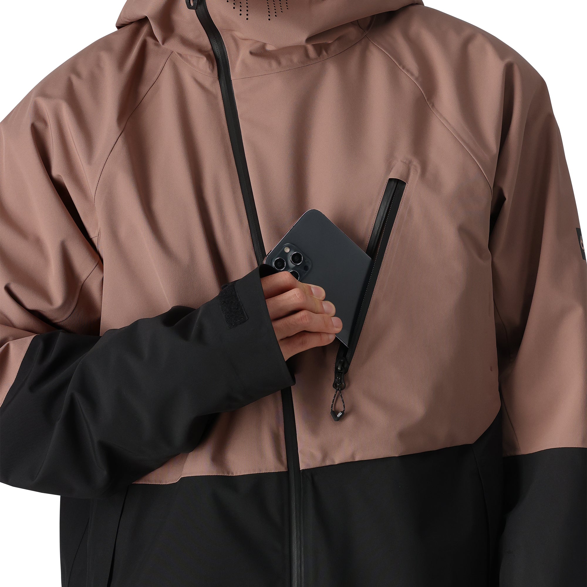 The 686 Hydra Thermagraph Jacket in brown and black has an insulated hood with a drawstring.