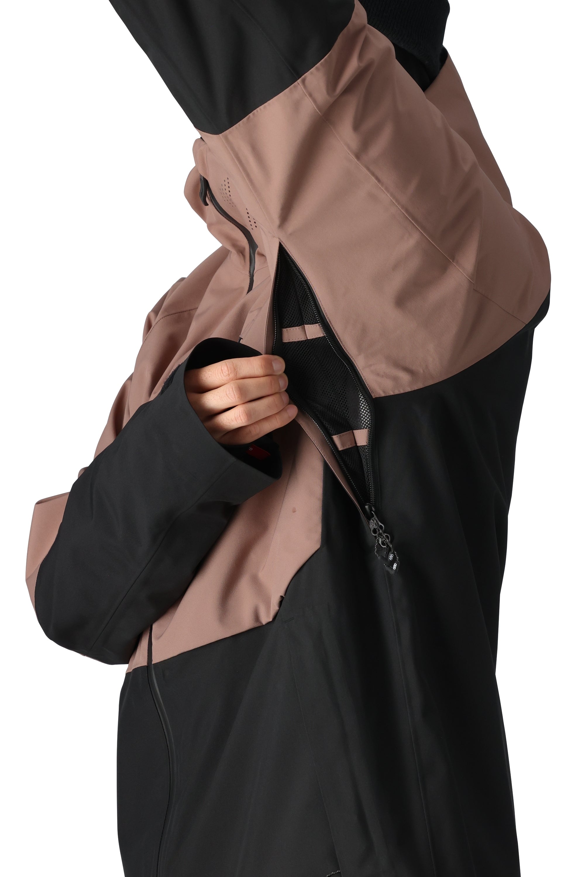 The 686 Hydra Thermagraph Jacket 2025 has a black and brown color scheme with an insulated hood, as seen in this front view.