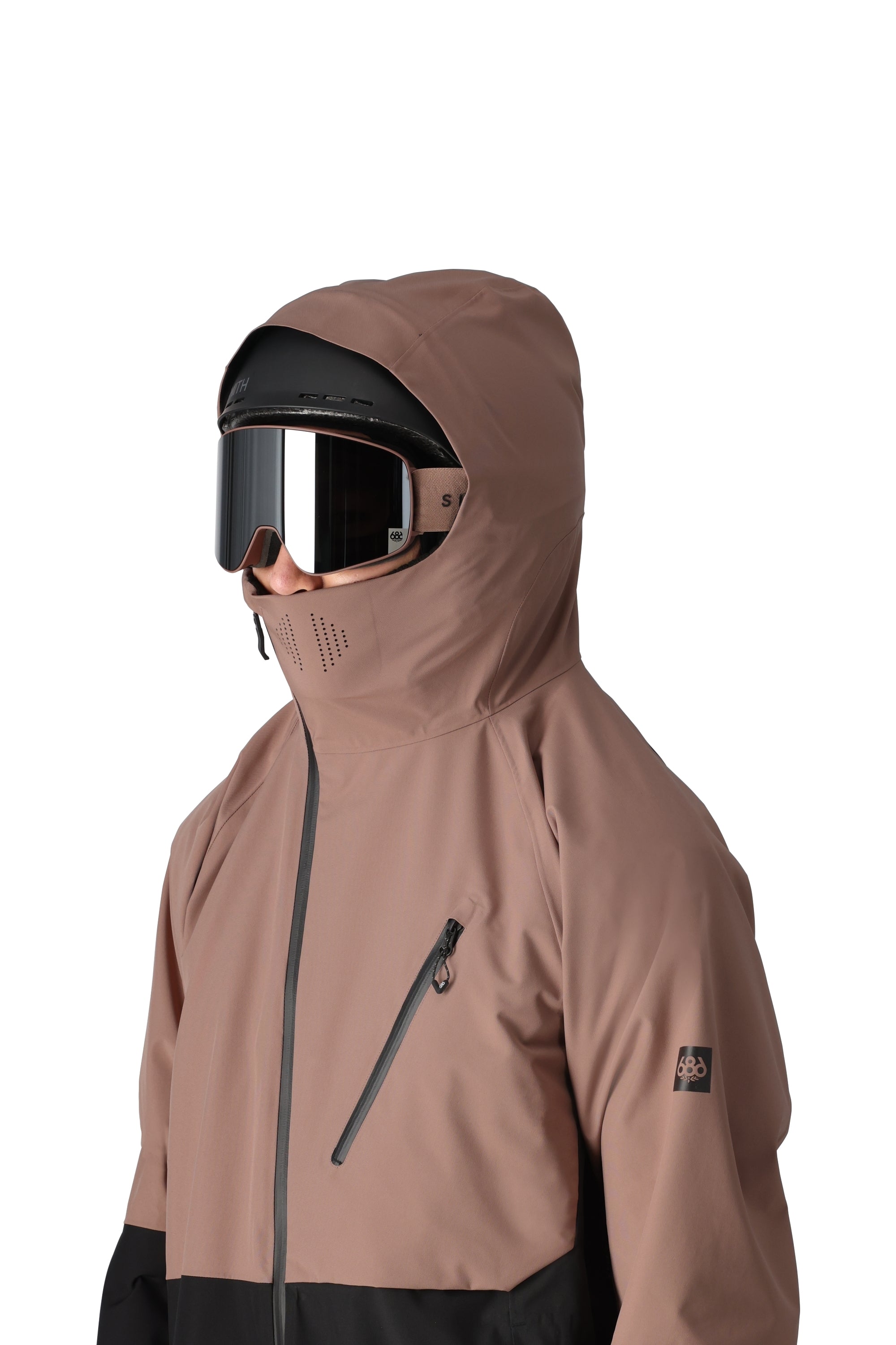 The 686 Hydra Thermagraph jacket in brown has an insulated hood and a front zipper.