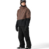 The 686 Hydra Thermagraph Jacket in brown and black has an insulated hood and multiple zippered pockets on the front.