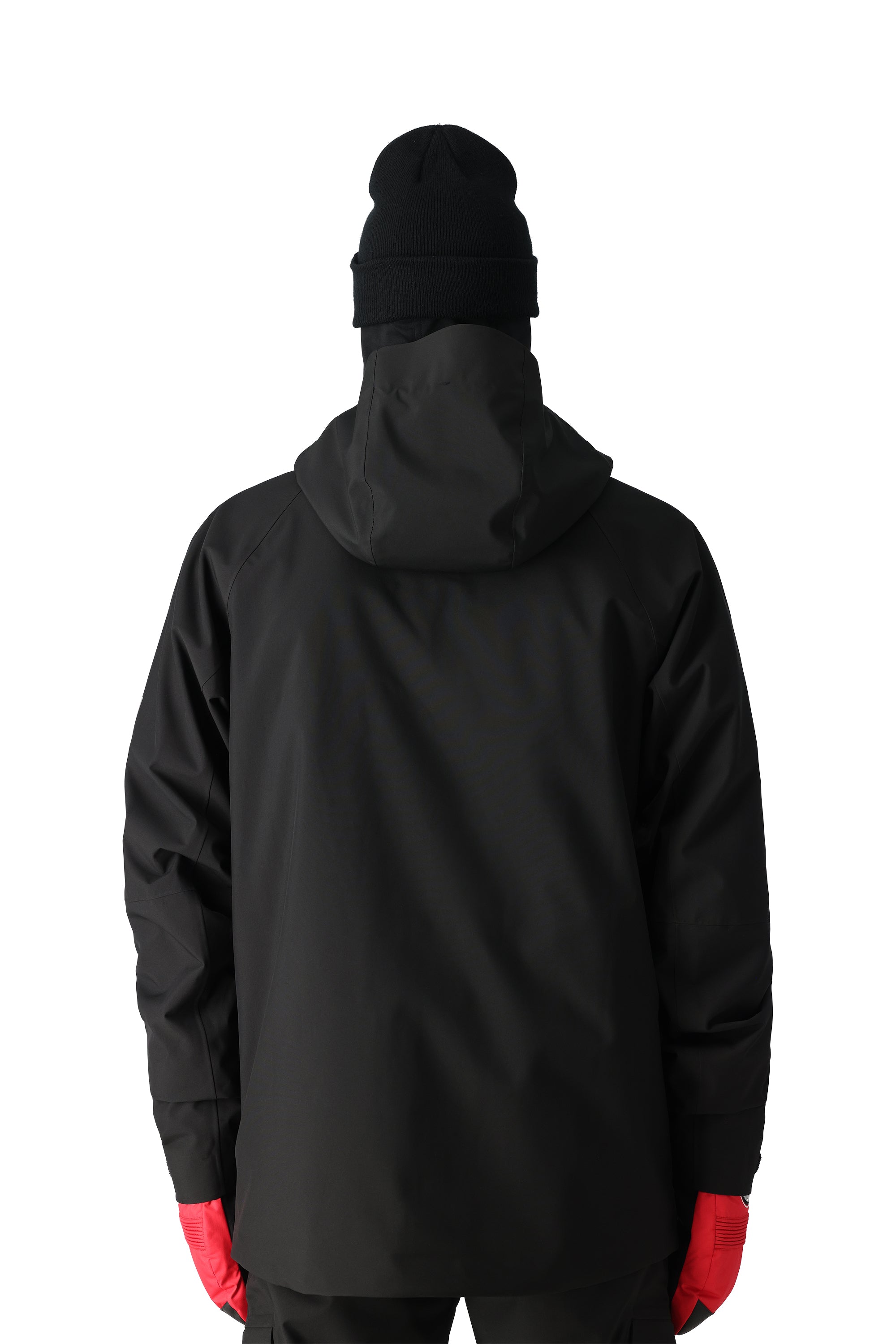The 686 Hydra Thermagraph jacket in this front view has a black color with red accents on the cuffs.