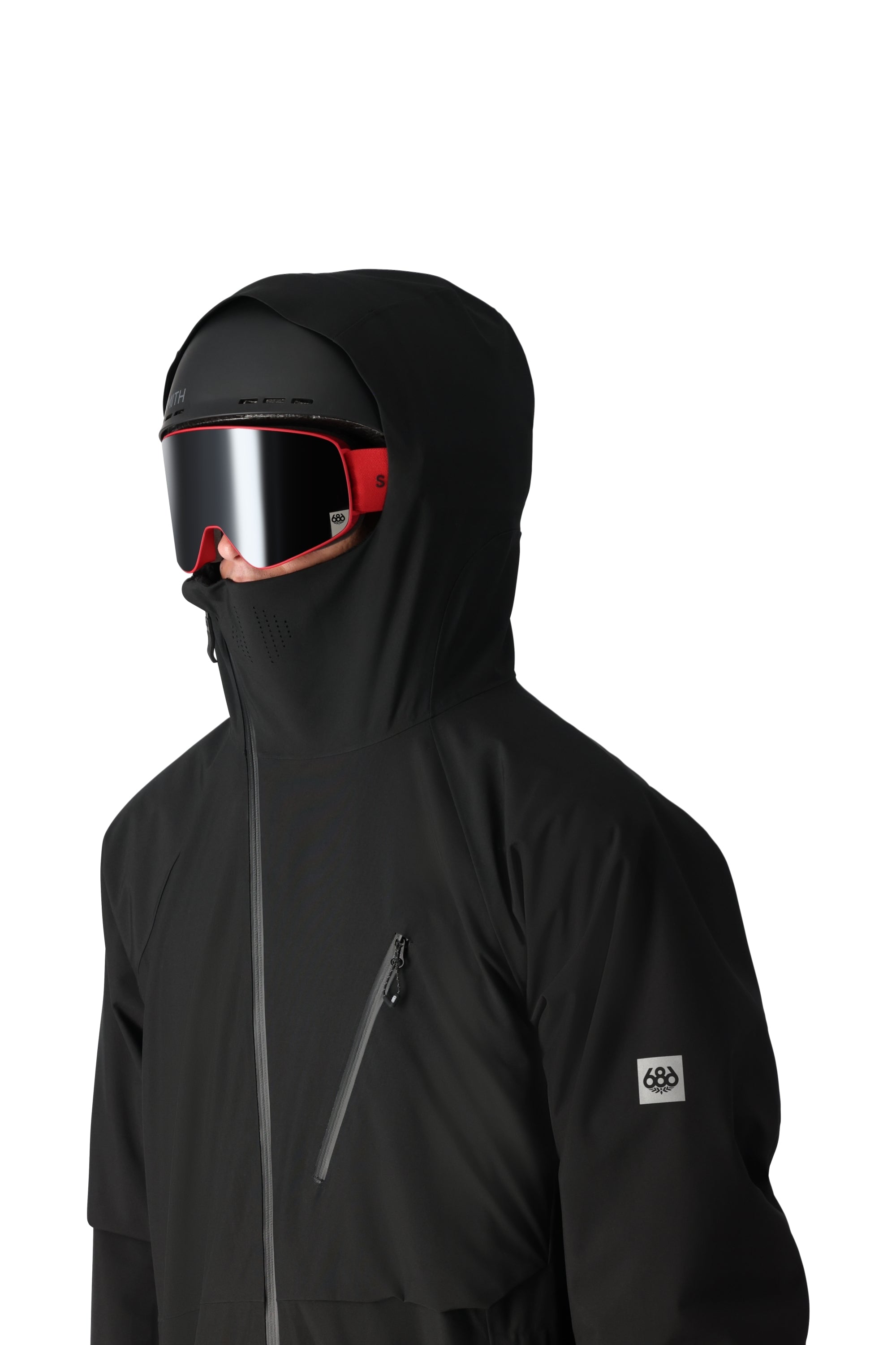 The 686 Hydra Thermagraph Jacket 2025 in this image features a black color with an insulated hood and zippered front.