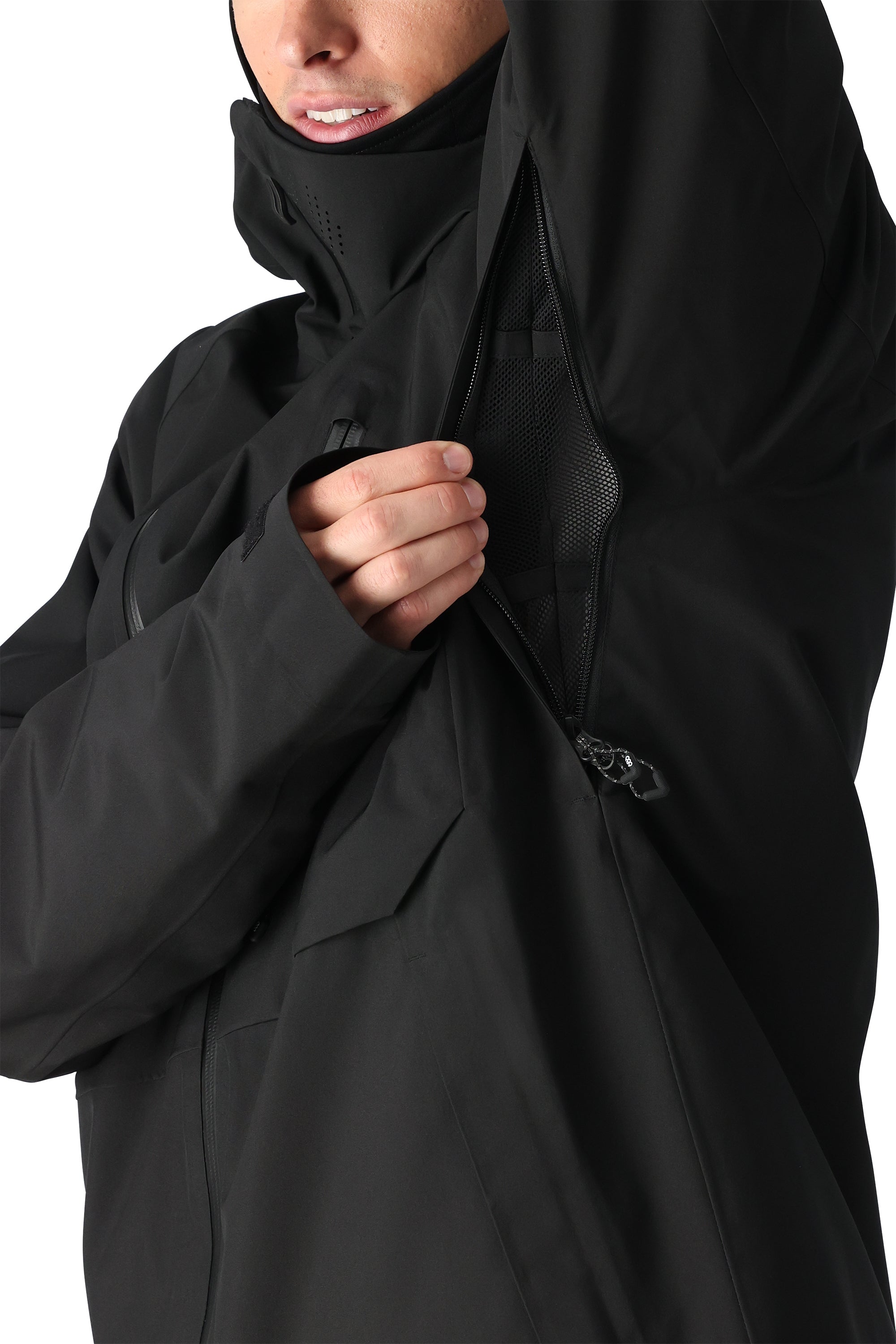 The 686 Hydra Thermagraph jacket has a black insulated hood with a drawstring and zippered pockets.