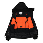 The 686 Hydra Thermagraph jacket has an all-black exterior with black accents and a vibrant orange interior lining.