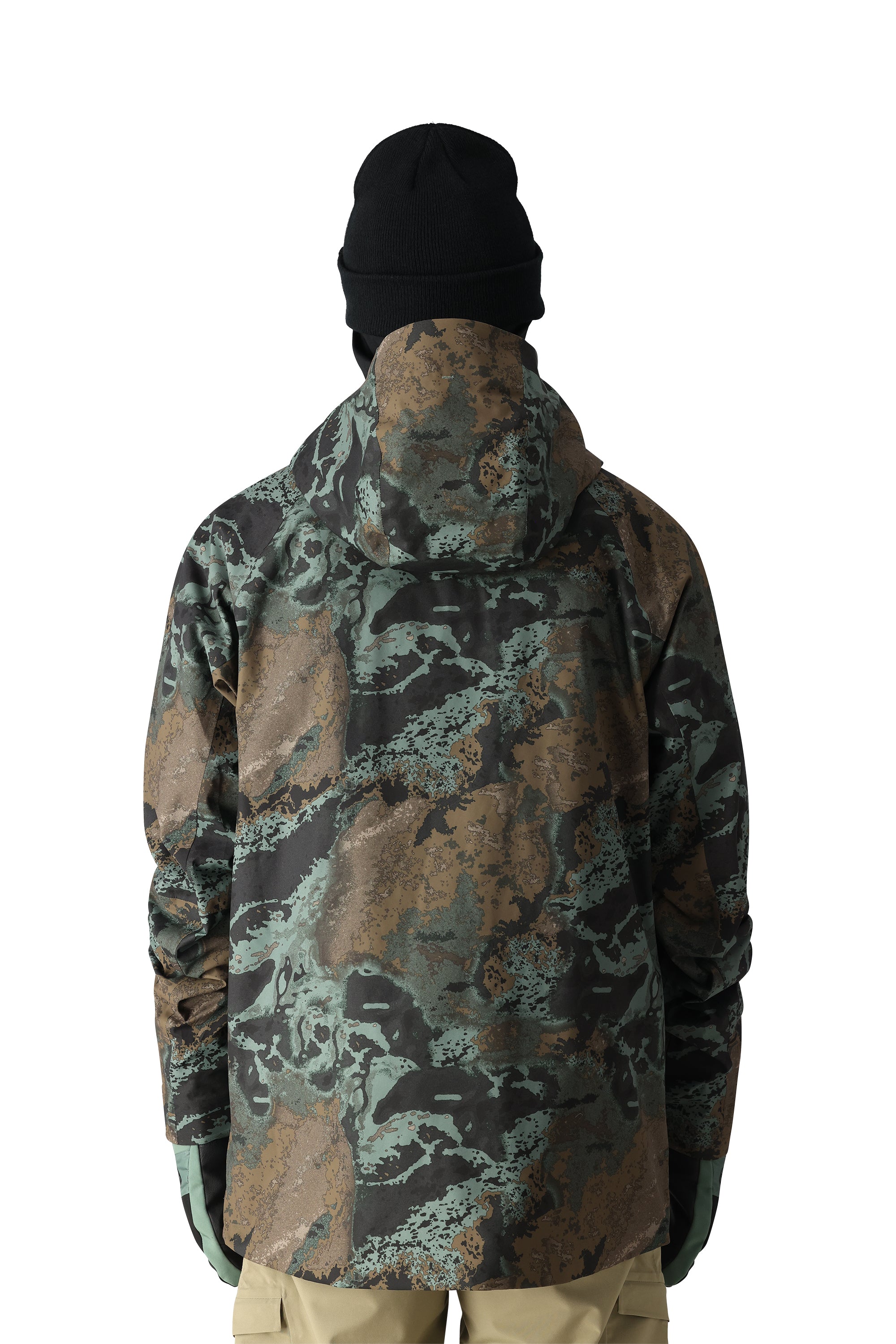 The 686 Hydra Thermagraph Jacket 2025 in brown and green marbled print has an insulated hood.