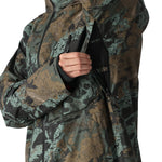 The 686 Hydra Thermagraph jacket in a brown and green camouflage pattern has an insulated hood.