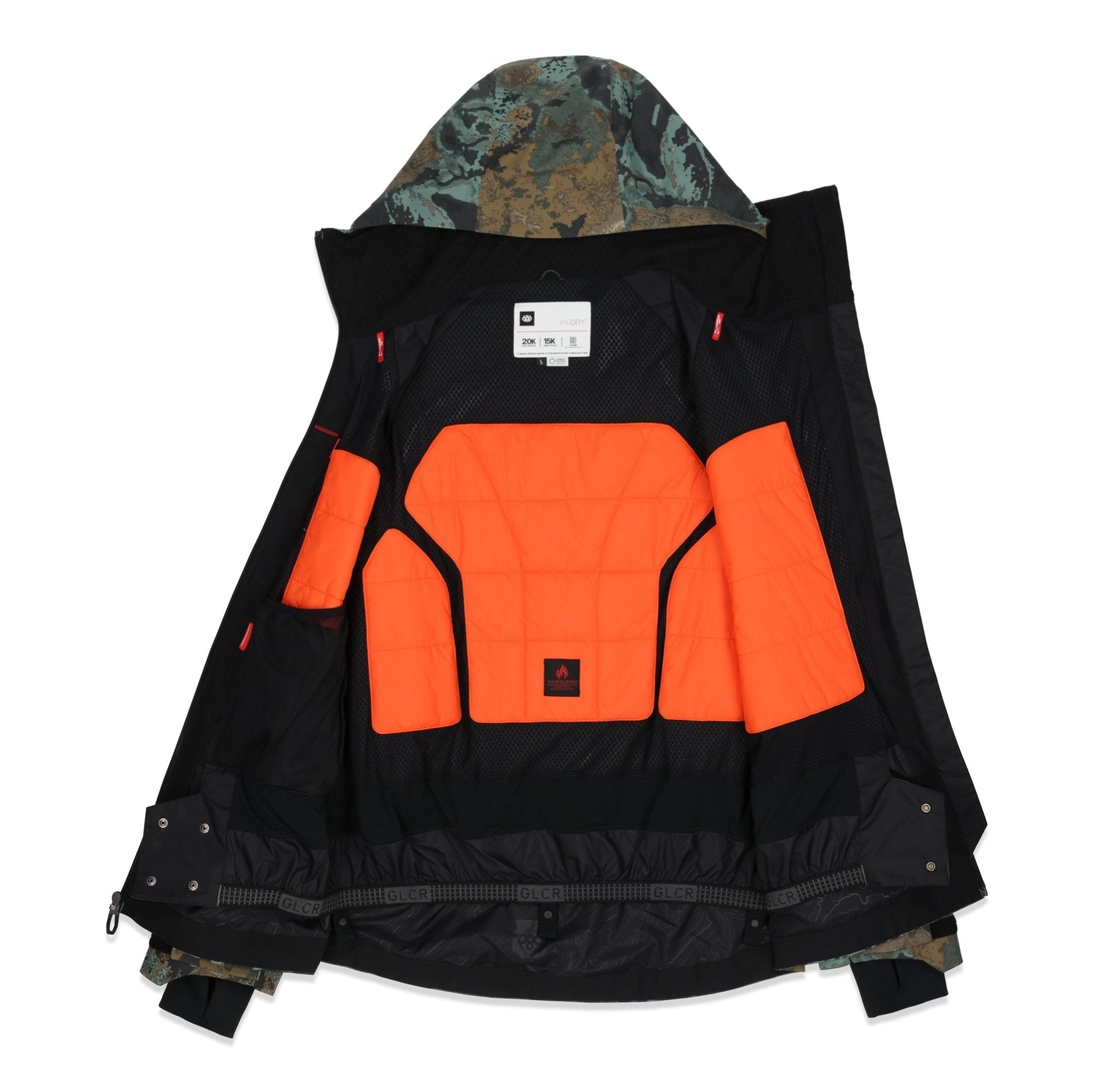 The 686 Hydra Thermagraph Jacket in black and orange has an insulated hood.