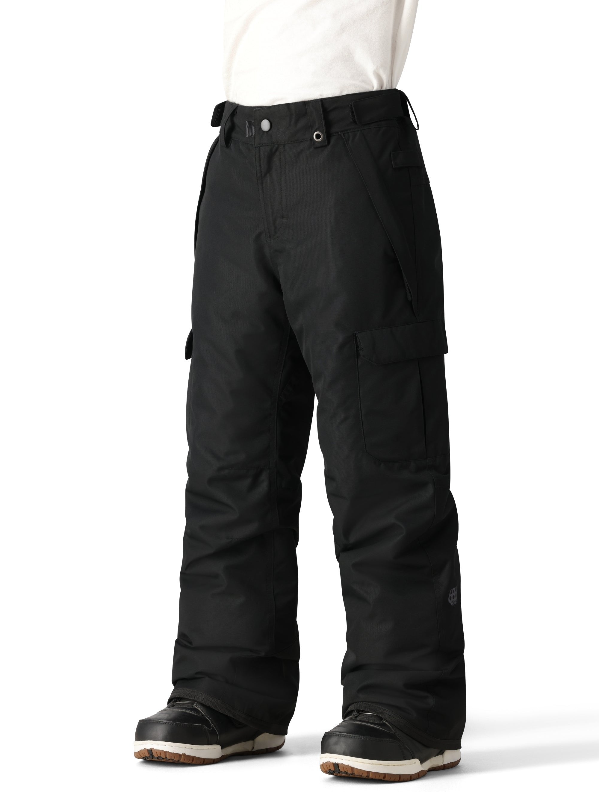 The 686 Boy's Infinity Cargo Insulated Pant 2025 is black with cargo pockets on both legs and an adjustable waistband.