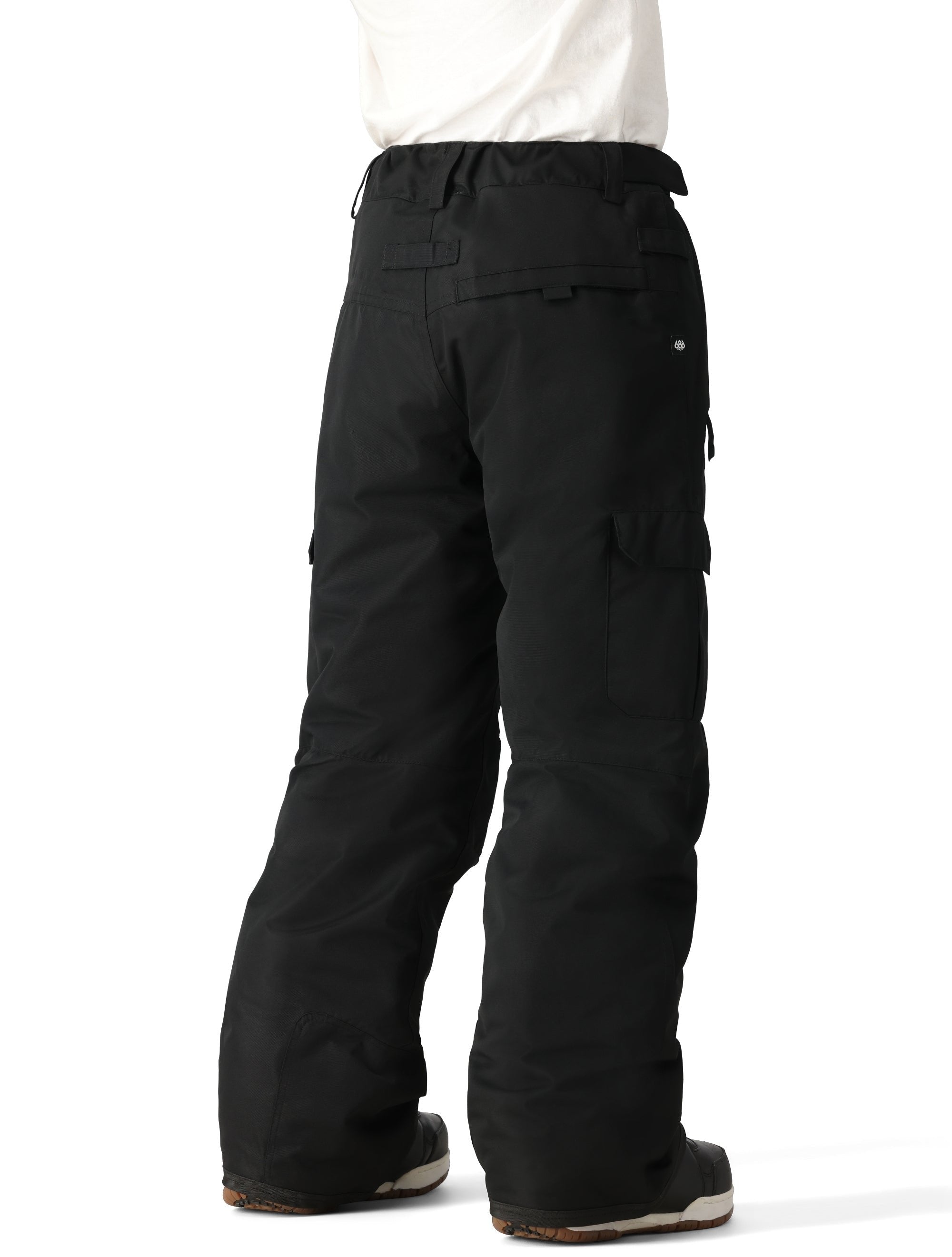 The 686 Boy's Infinity Cargo Insulated Pant 2025 is black with cargo pockets on both legs and an adjustable waistband.