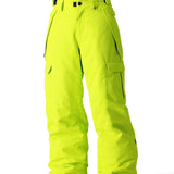 The 686 Boy's Infinity Cargo Insulated Pant 2025 in neon green has multiple cargo pockets and an adjustable waistband.