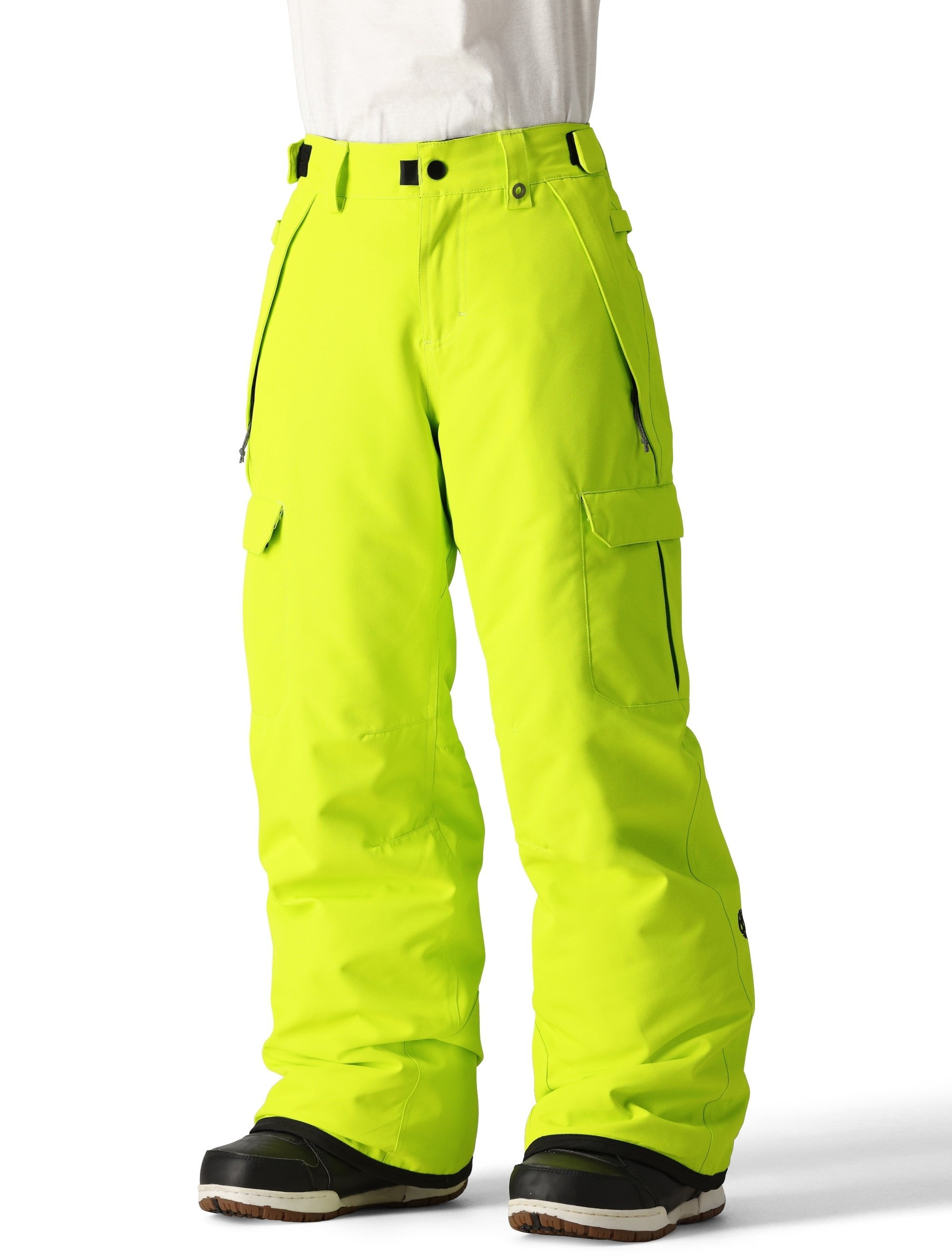 The 686 Boy's Infinity Cargo Insulated Pant 2025 in neon green has multiple cargo pockets and an adjustable waistband.