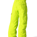 The 686 Boy's Infinity Cargo Insulated Pant 2025 is shown from the back in neon yellow with cargo pockets on each thigh and a drawstring waist.