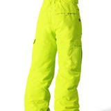 The 686 Boy's Infinity Cargo Insulated Pant 2025 is shown from the back in neon yellow with cargo pockets on each thigh and a drawstring waist.