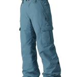 The 686 Boy's Infinity Cargo Insulated Pant 2025 is shown from the front view, showcasing a pair of blue snow pants with cargo pockets on each thigh.