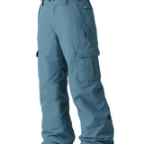 The 686 Boy's Infinity Cargo Insulated Pant 2025 is shown from the front view, showcasing a pair of blue snow pants with cargo pockets on each thigh.