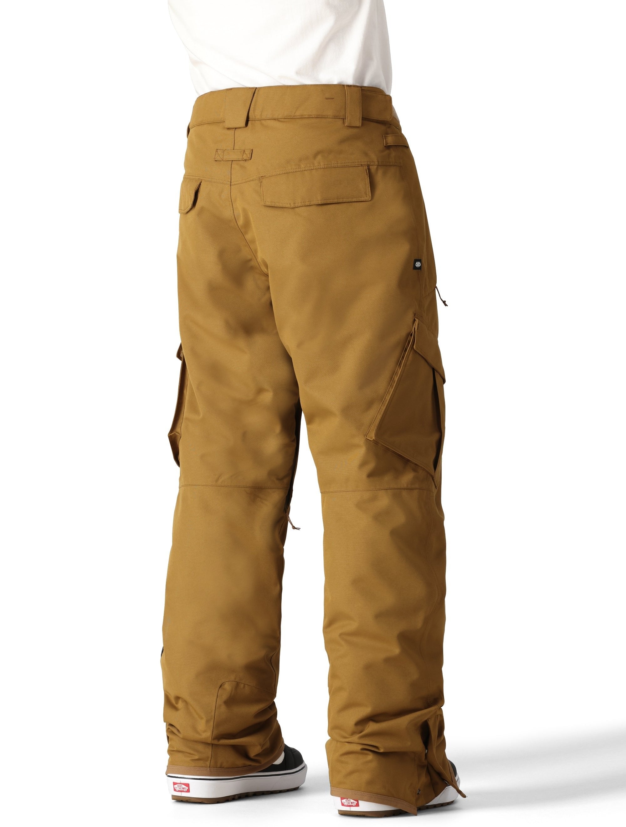 The 686 Men's Infinity Insulated Cargo Pant 2025 is depicted in tan with cargo pockets on both legs and a belt loop at the back.