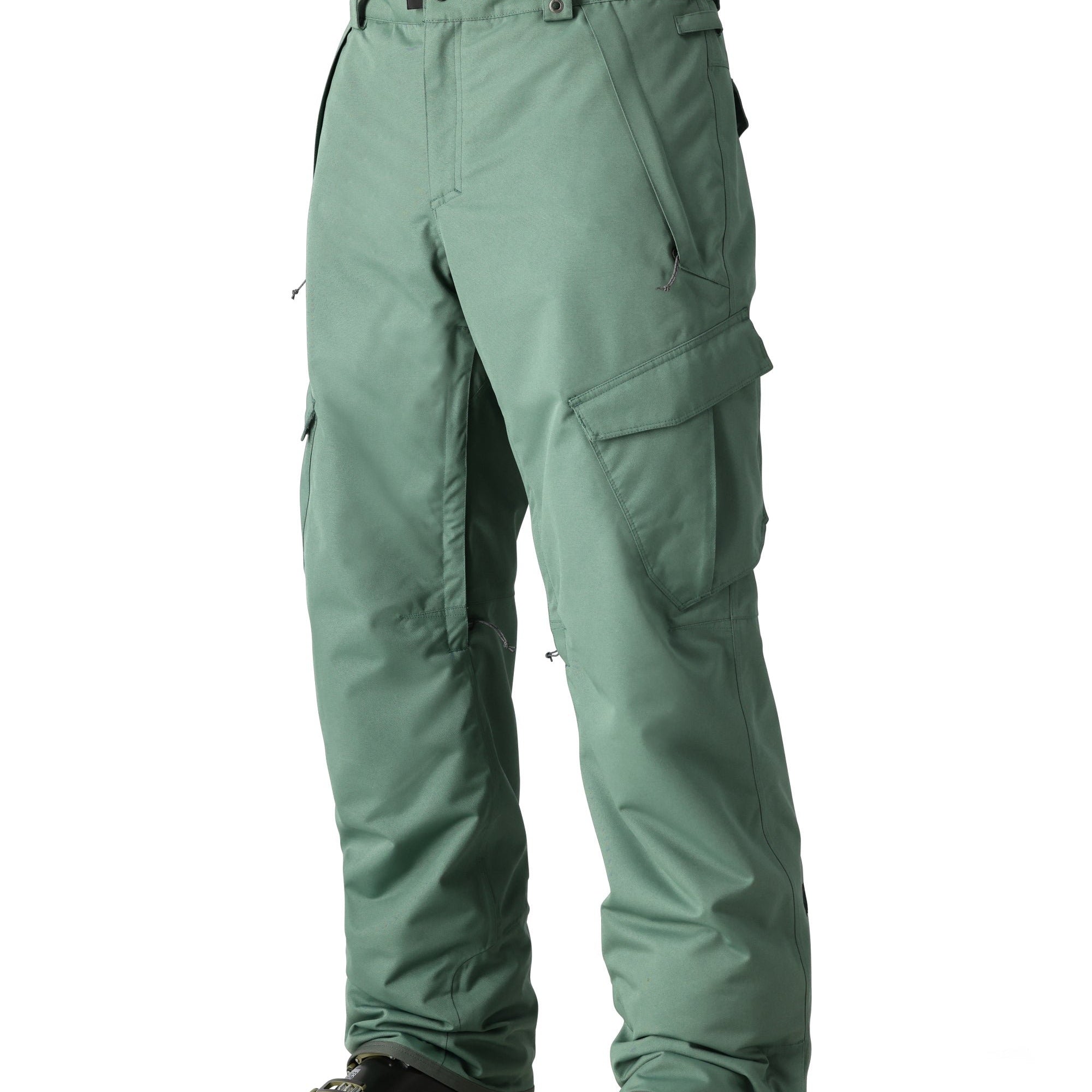 The 686 Men's Infinity Insulated Cargo Pant 2025 has a solid sage green color with multiple pockets and an adjustable waistband.