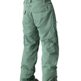 The 686 Men's Infinity Insulated Cargo Pant 2025 is shown in a dark green color with a belt loop at the waist and two zippered cargo pockets on each thigh.