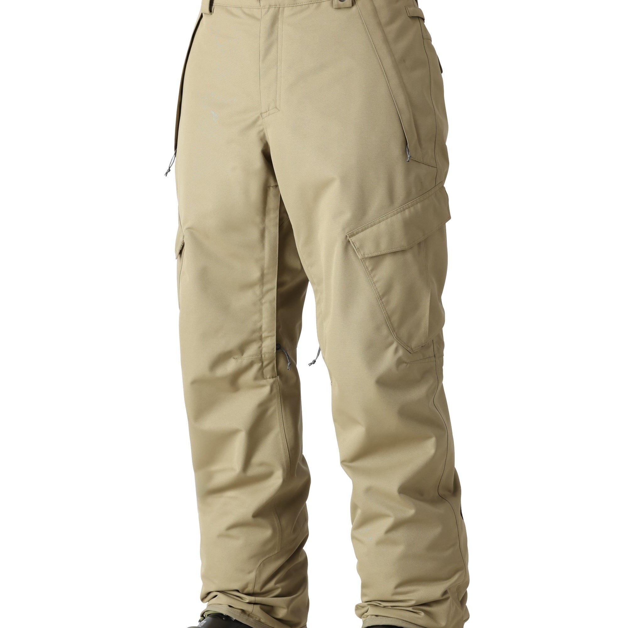 The 686 Men's Infinity Insulated Cargo Pant 2025 is primarily khaki with black accents and a zippered pocket on the right thigh.