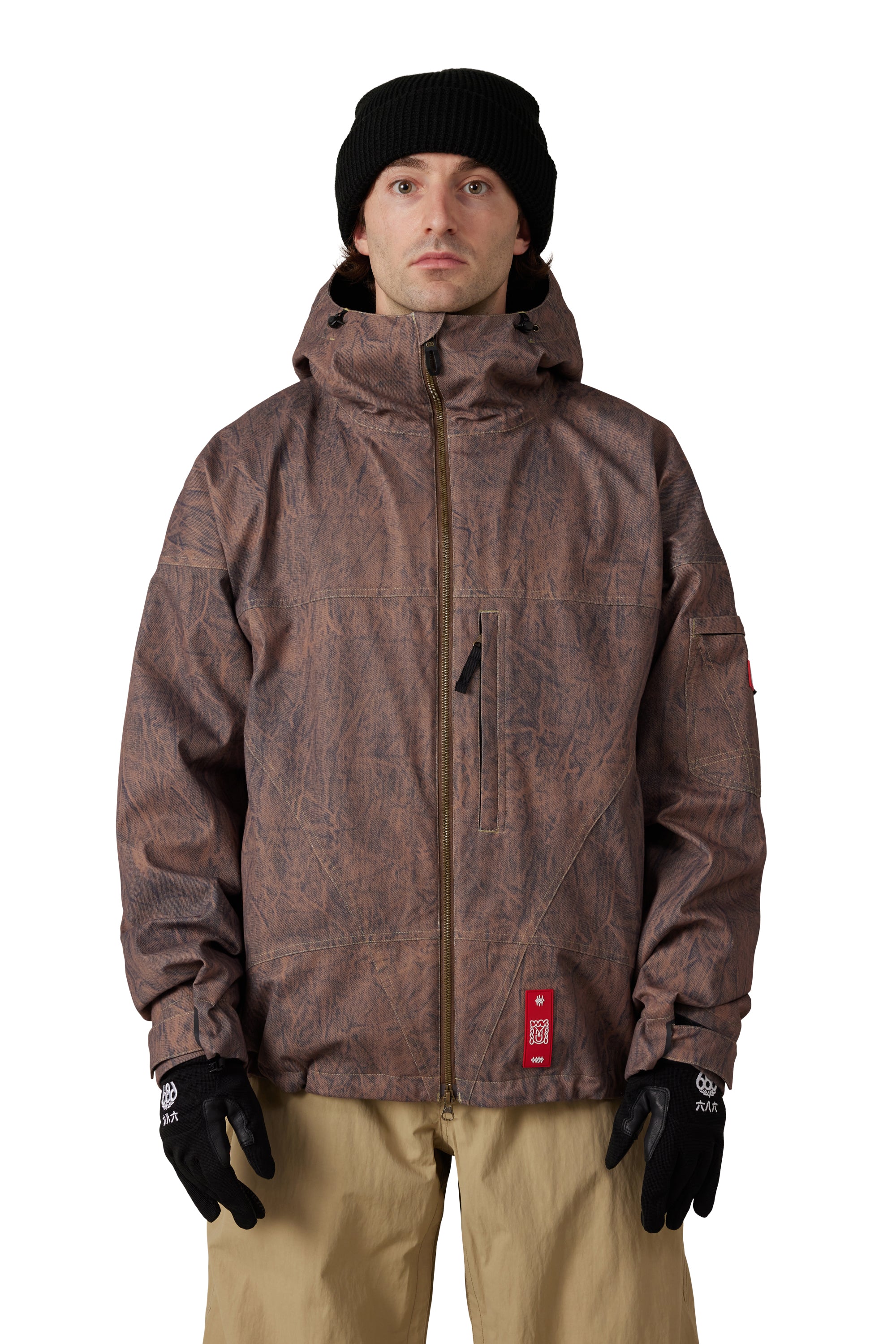 Men's brown shell jacket with full zip and black hood