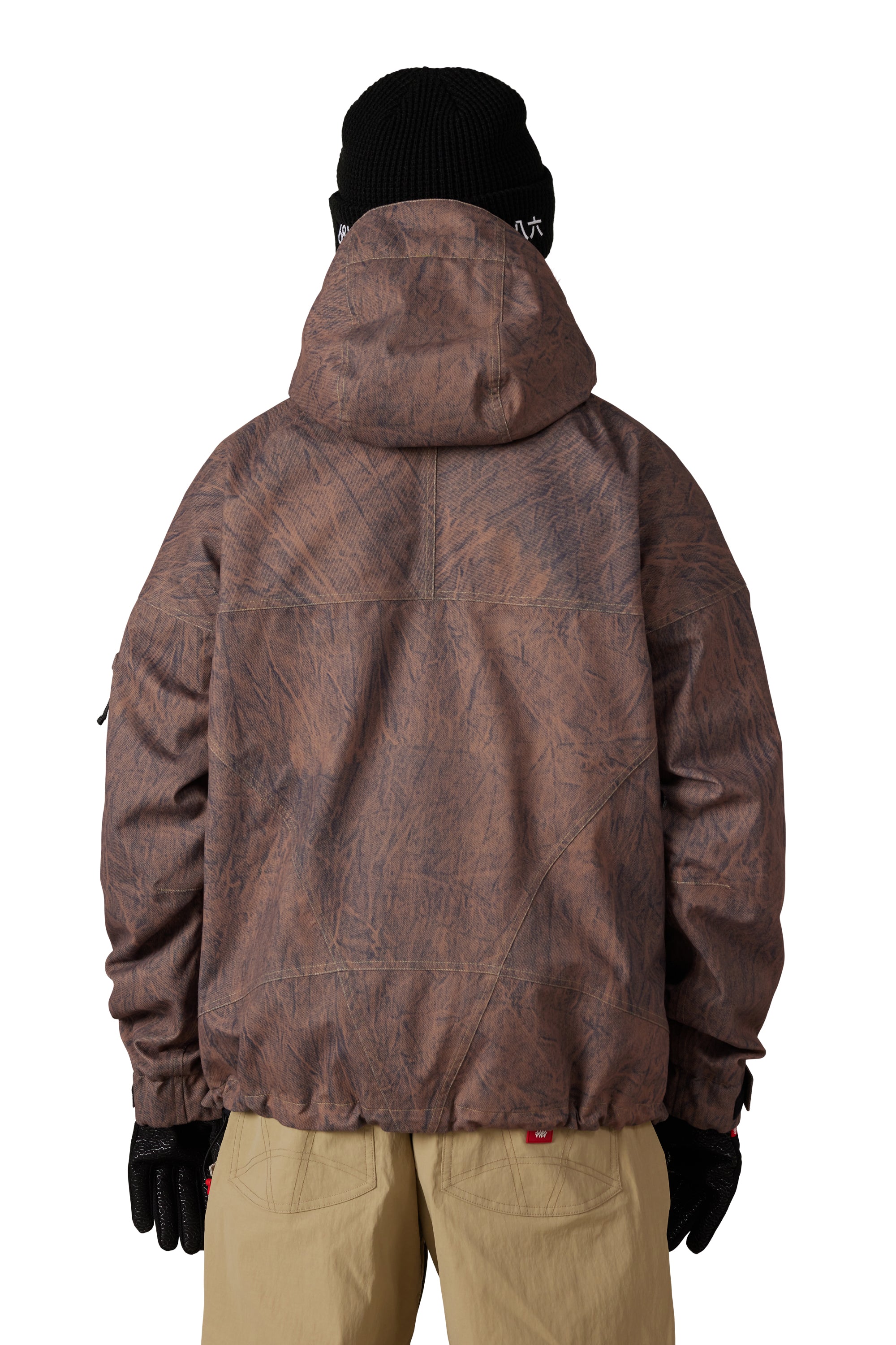 Men's brown shell jacket back view with hood, drawcord hem, and side vents