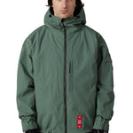 Men's green shell jacket front view with full zip, hood, and red tag at hem