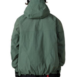 Men's green shell jacket back view with hood, pockets, and drawcord hem