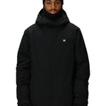Men's insulated black jacket with attached hood, full zipper, chest logo, and side pockets.