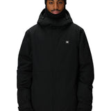 Men's insulated black jacket with attached hood, full zipper, chest logo, and side pockets.