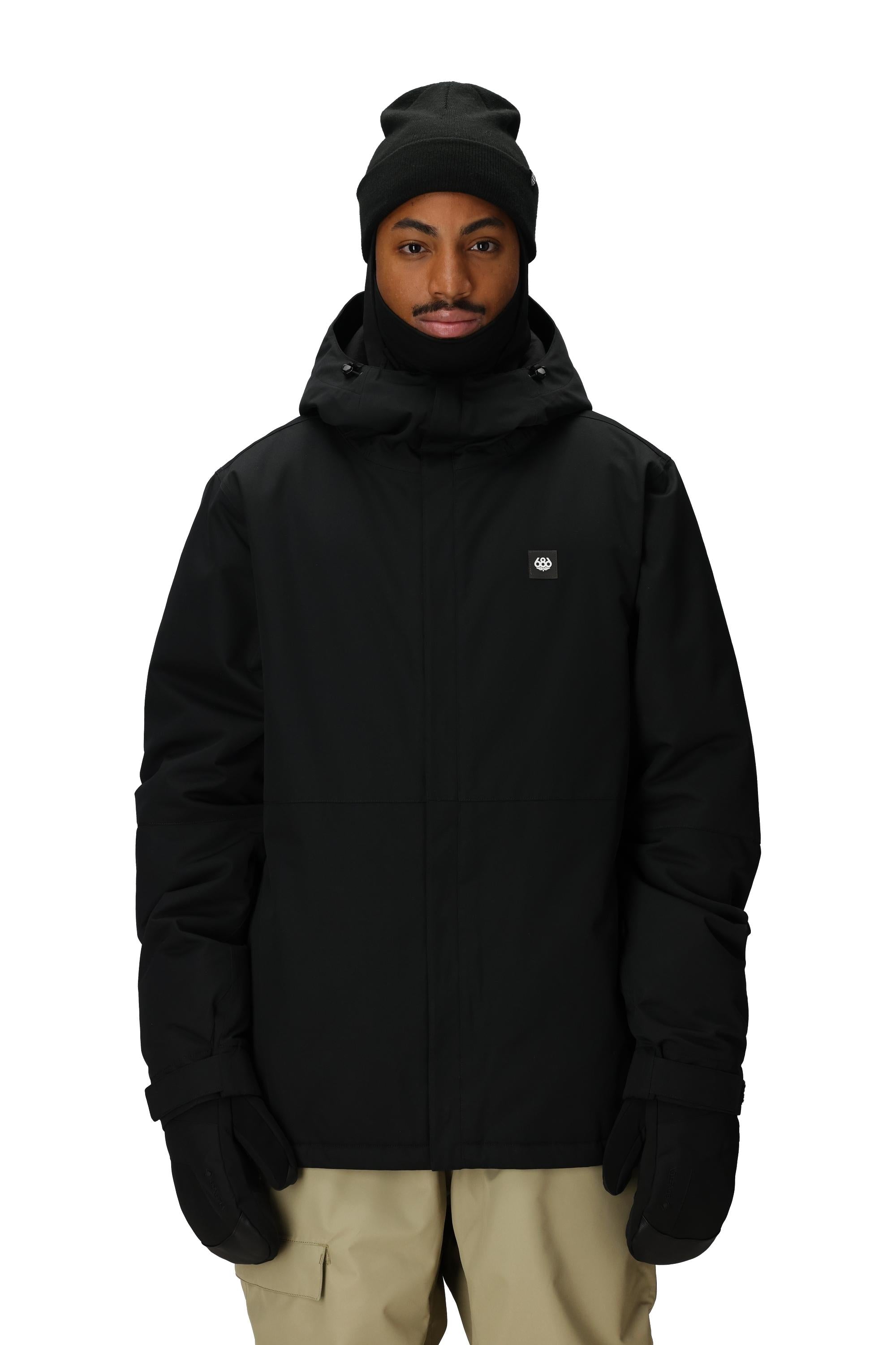 Men's insulated black jacket with attached hood, full zipper, chest logo, and side pockets.