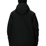 Men's insulated black jacket, back view, with attached hood and full front zipper.