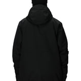 Men's insulated black jacket, back view, with attached hood and full front zipper.