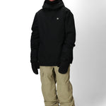 Men's insulated black jacket with attached hood, full zipper, and small chest logo.