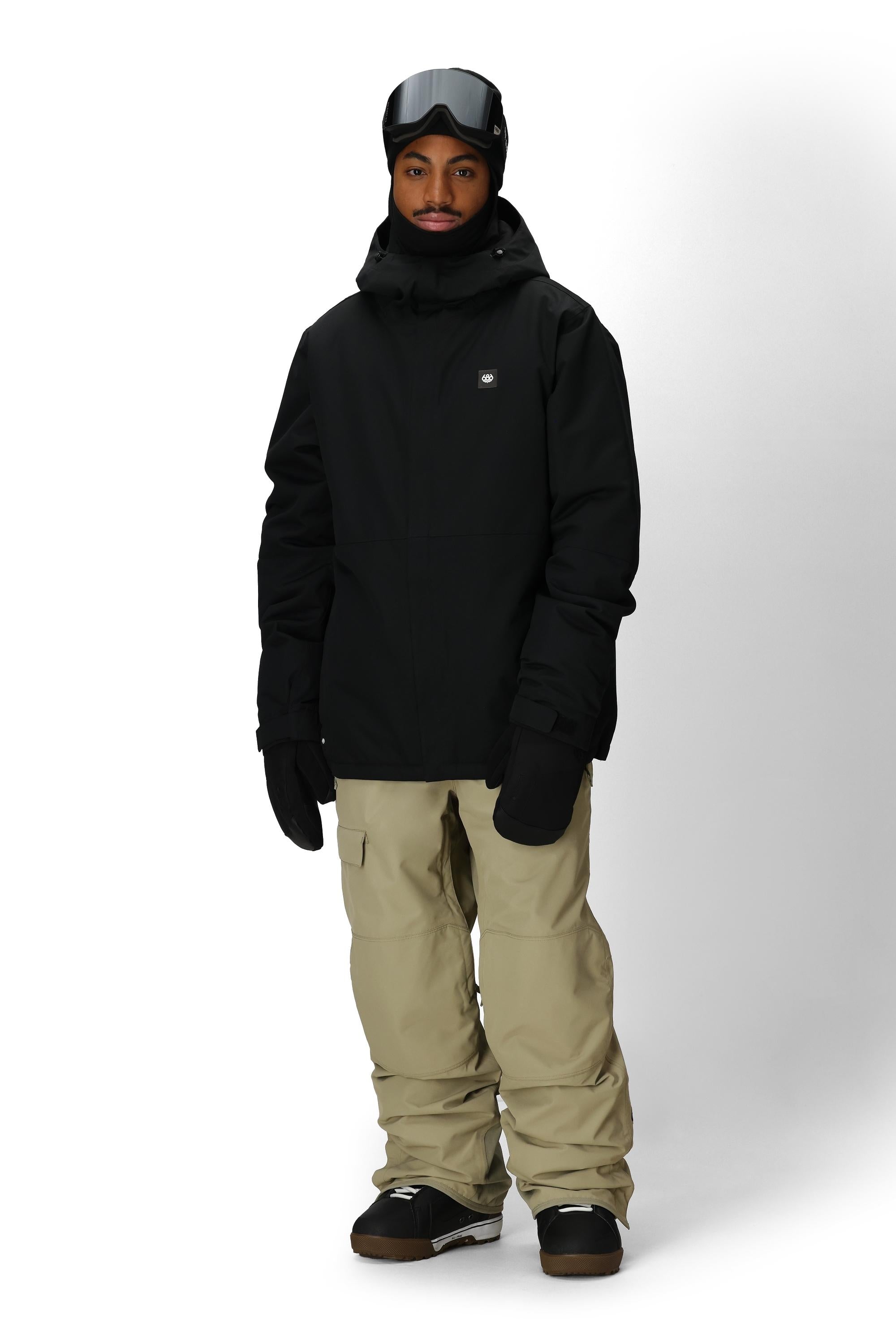 Men's insulated black jacket with attached hood, full zipper, and small chest logo.