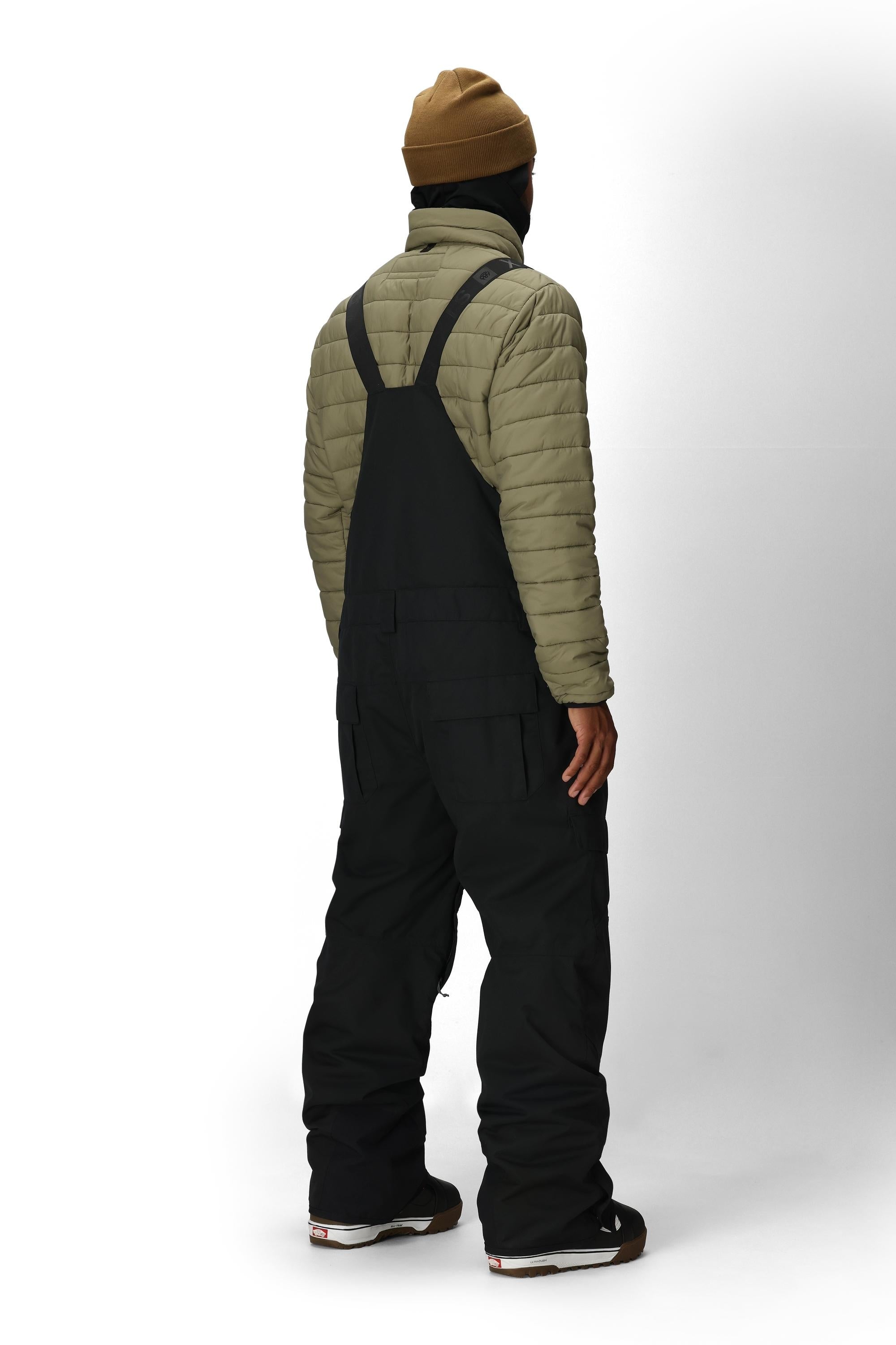 Black insulated bib overalls with adjustable suspenders and full-length leg openings