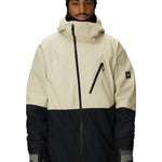 Men's hooded snow jacket with front zip, beige and black color-blocking and chest pocket.