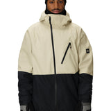 Men's hooded snow jacket with front zip, beige and black color-blocking and chest pocket.