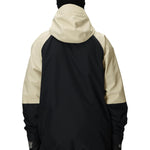Men's color-block hooded snow jacket, back view in beige and black with full-length zip.