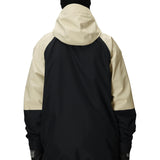 Men's color-block hooded snow jacket, back view in beige and black with full-length zip.