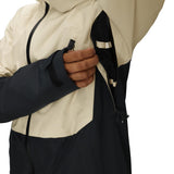 Men's color-block hooded snow jacket with front zip and black accents, beige and black.
