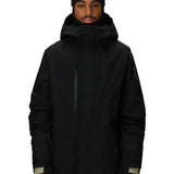 Men's black shell jacket with hood, front zipper, high collar, sleeve cuff details