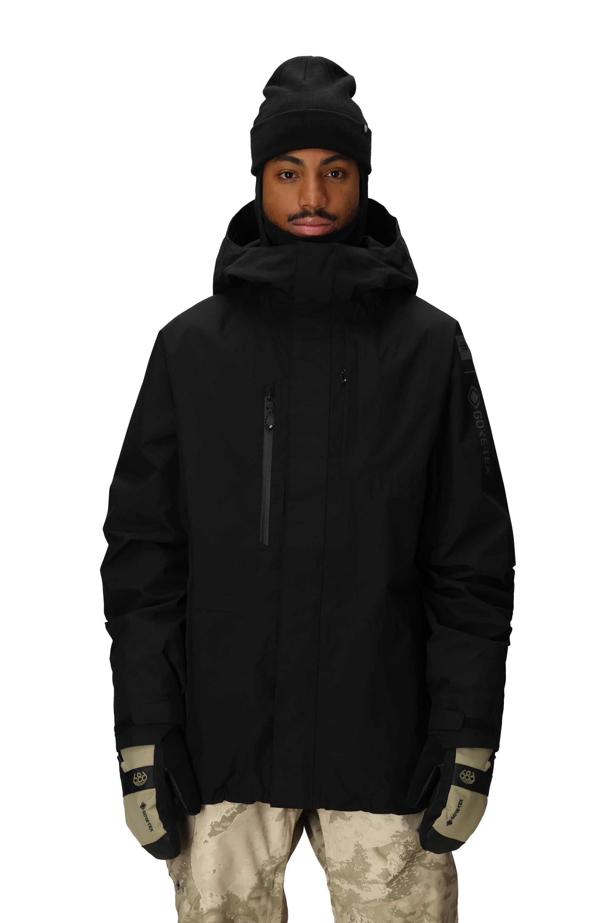 Men's black shell jacket with hood, front zipper, high collar, sleeve cuff details